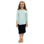 1213 Three Quarter Sleeve Modest Striped Rib Knit Top With Solid Panel Soft Teal Heather Full Image Front View