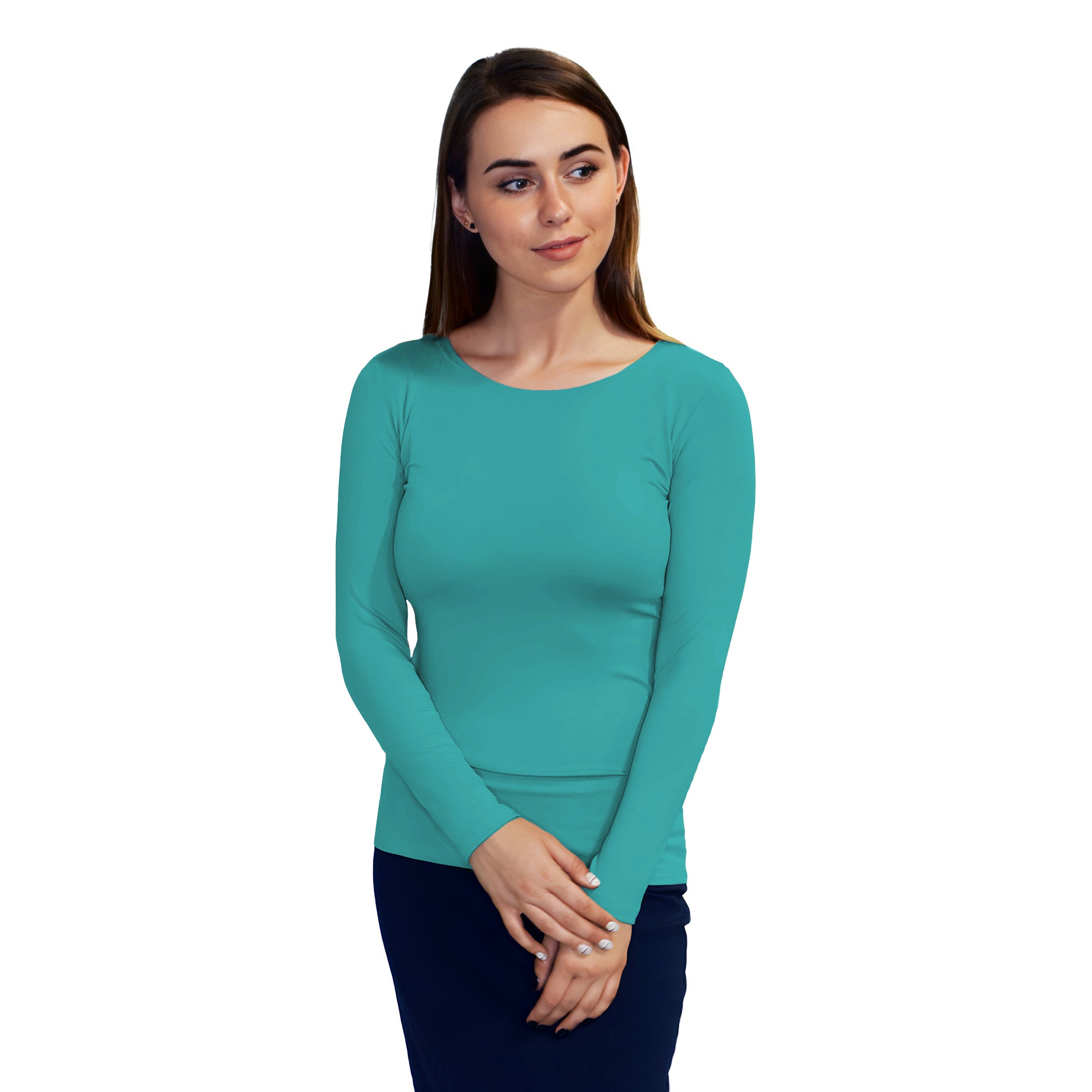 1223 Essential Round Neck Layering Top LS Teal Green Zoomed Front2