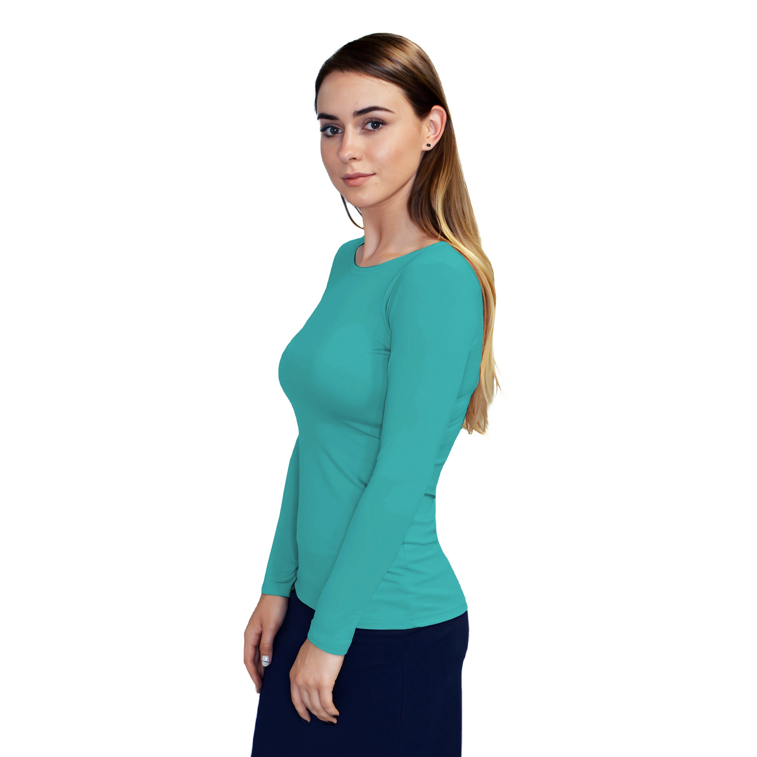 1223 Essential Round Neck Layering Top LS Teal Green Zoomed Left Side