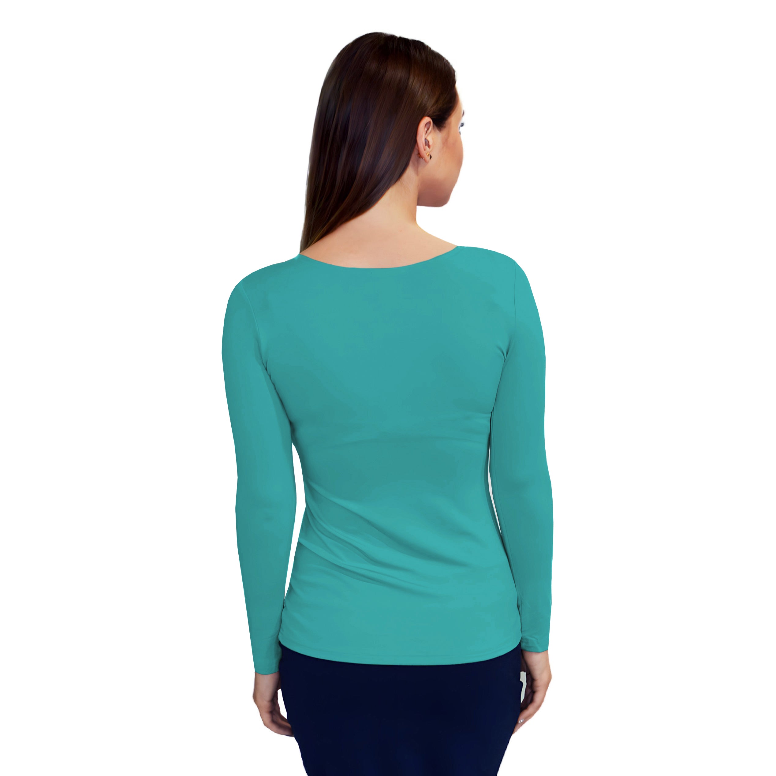 1223 Essential Round Neck Layering Top LS Teal Green Zoomed Rear View