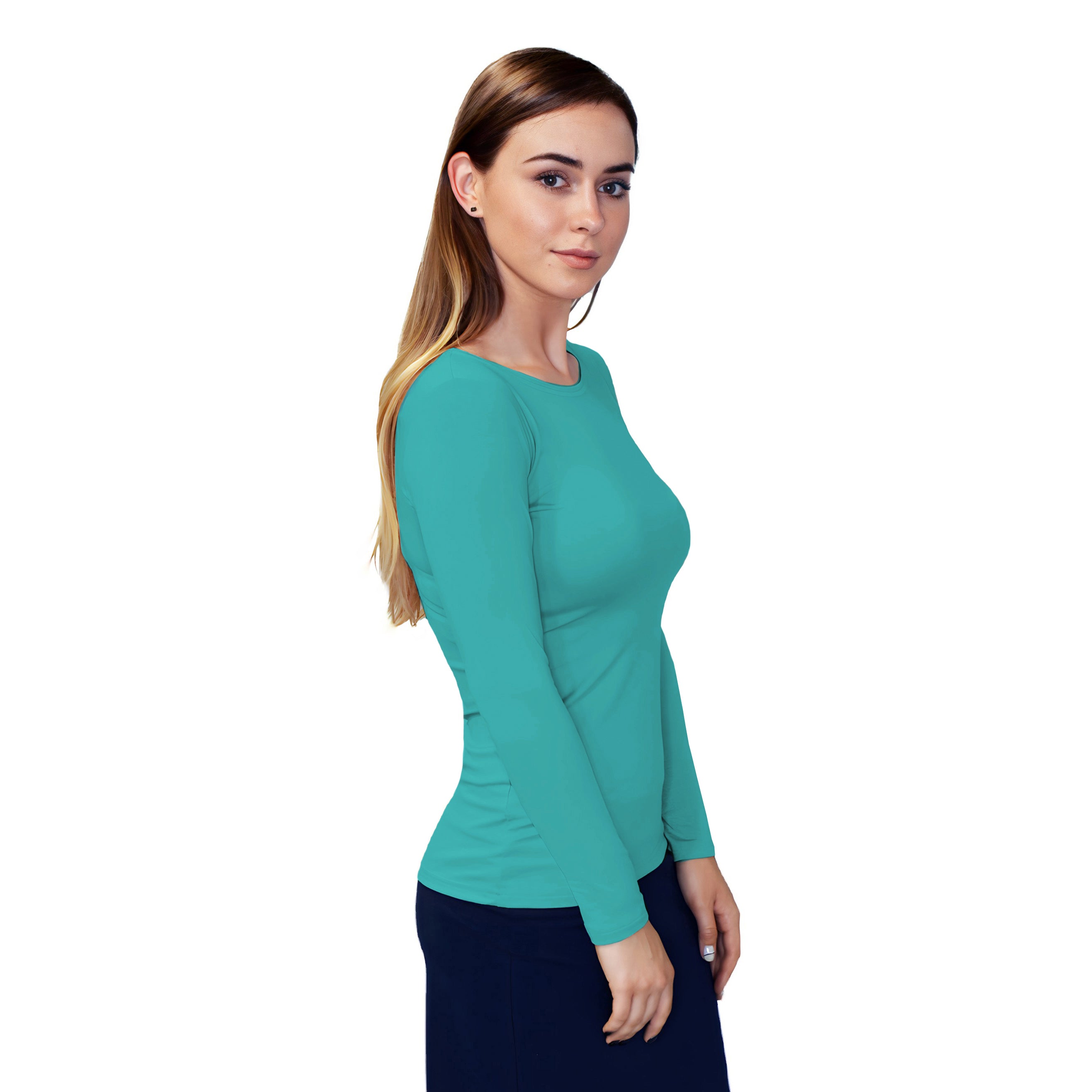 1223 Essential Round Neck Layering Top LS Teal Green Zoomed Right Side
