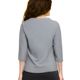 Asymmetric Waffle Knit T-Shirt with Elongated Front Hem - 3/4 Sleeve High Neck Women's Top