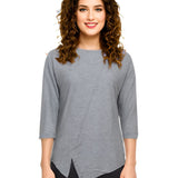 Asymmetric Waffle Knit T-Shirt with Elongated Front Hem - 3/4 Sleeve High Neck Women's Top
