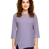 Asymmetric Waffle Knit T-Shirt with Elongated Front Hem - 3/4 Sleeve High Neck Women's Top