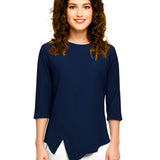 Asymmetric Waffle Knit T-Shirt with Elongated Front Hem - 3/4 Sleeve High Neck Women's Top
