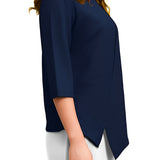 Asymmetric Waffle Knit T-Shirt with Elongated Front Hem - 3/4 Sleeve High Neck Women's Top