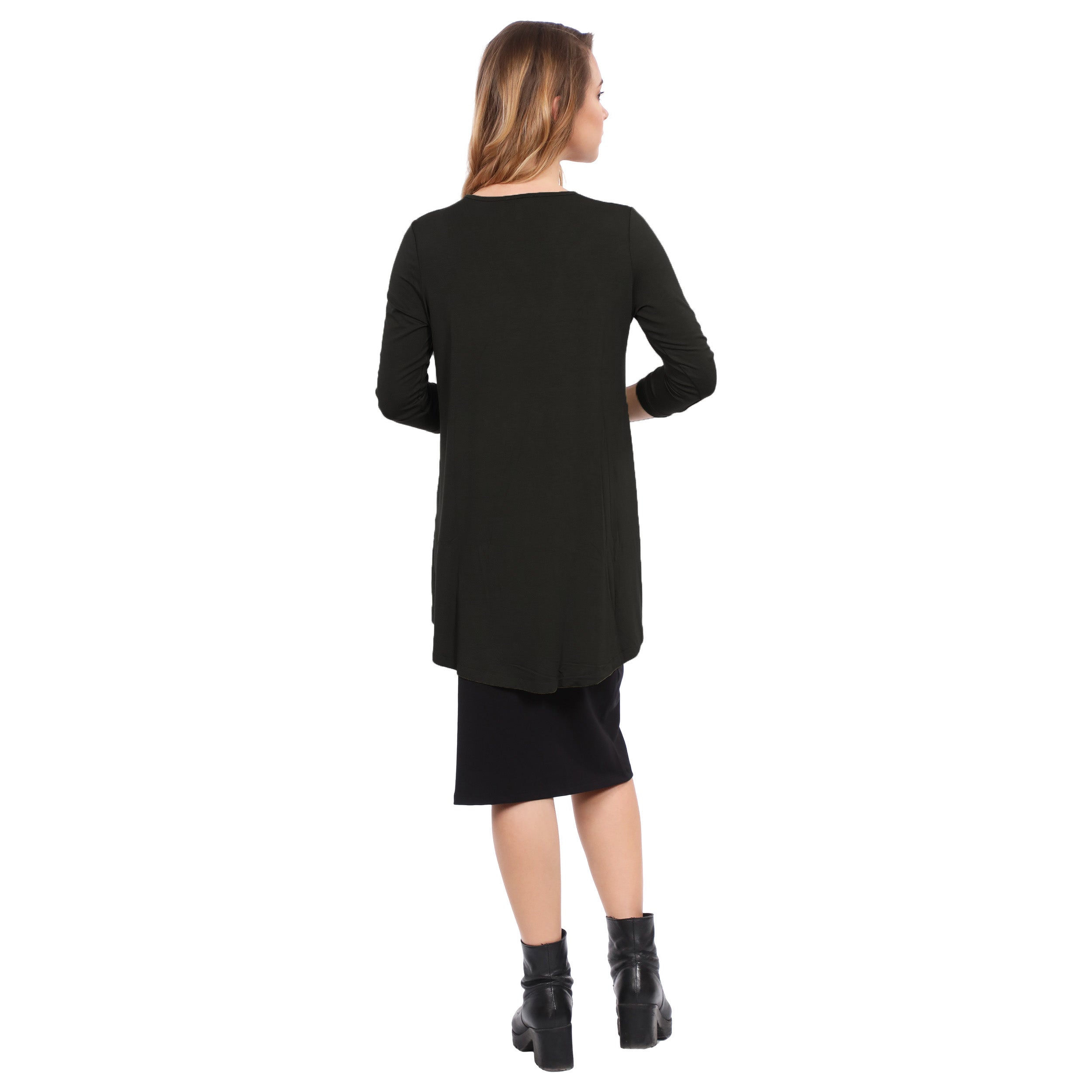 1256 Hi Lo Flowing ¾ Sleeve Modest Tunic Top Black Rear View
