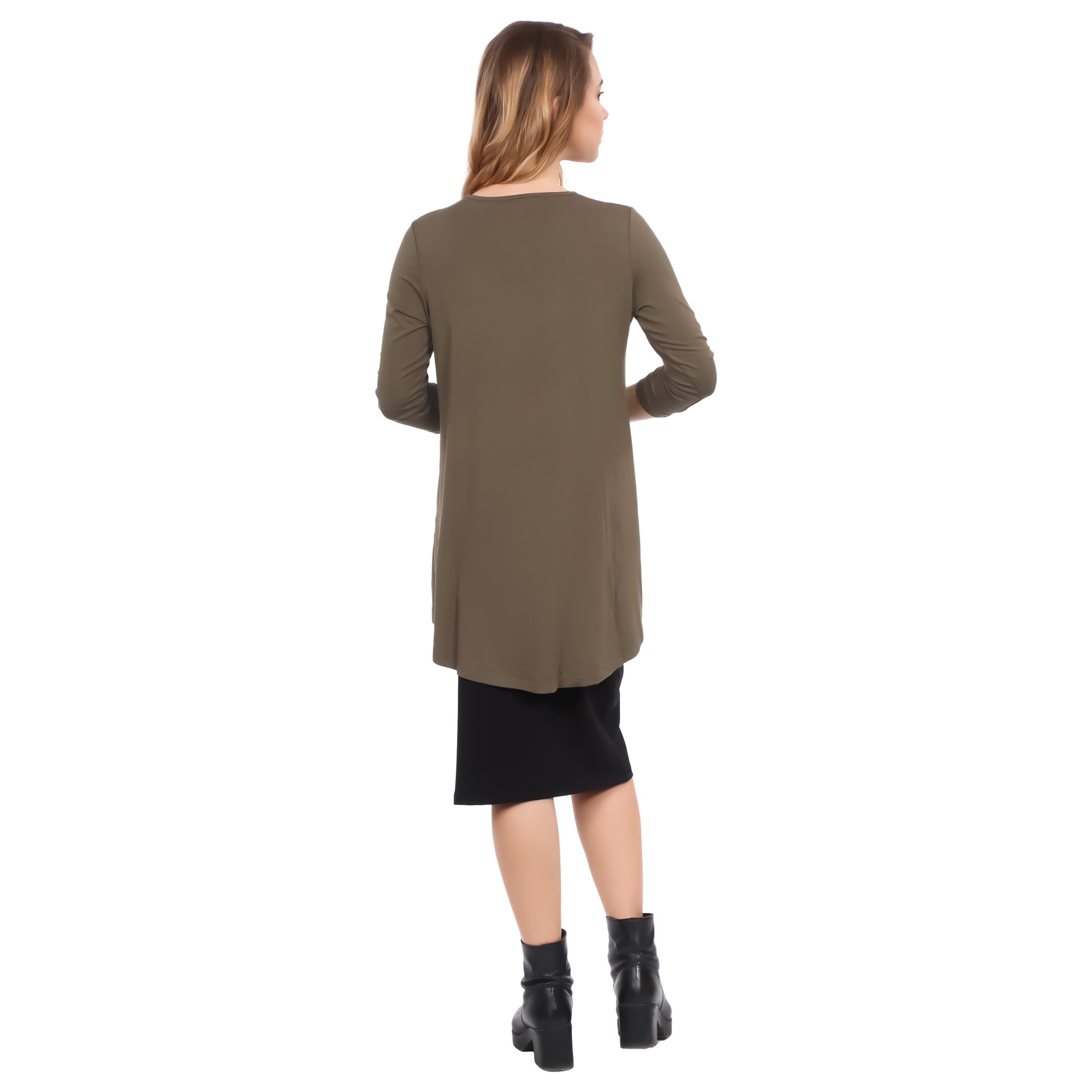 1256 Hi Lo Flowing ¾ Sleeve Modest Tunic Top Walnut Rear View