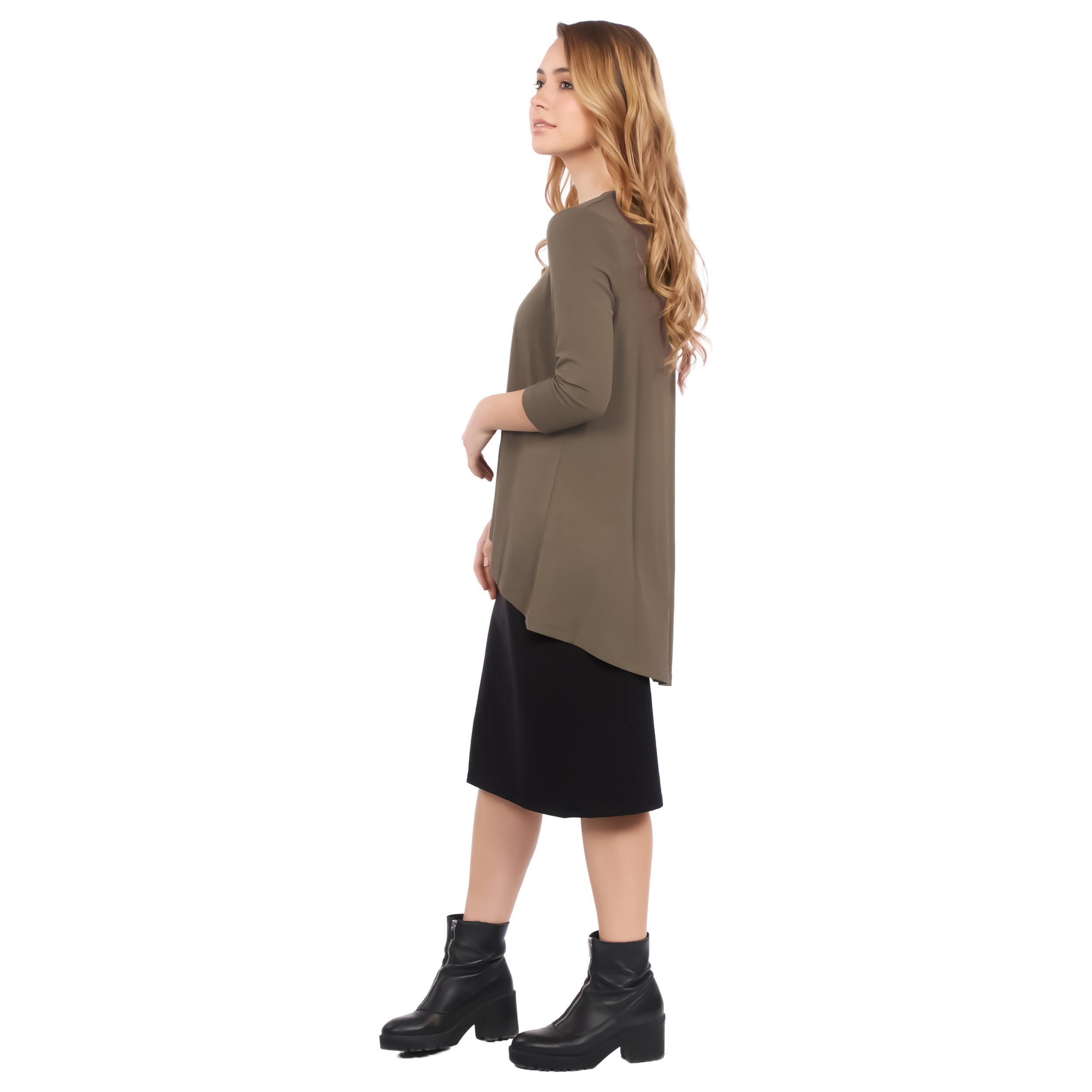 1256 Hi Lo Flowing ¾ Sleeve Modest Tunic Top Walnut Right Rear Side