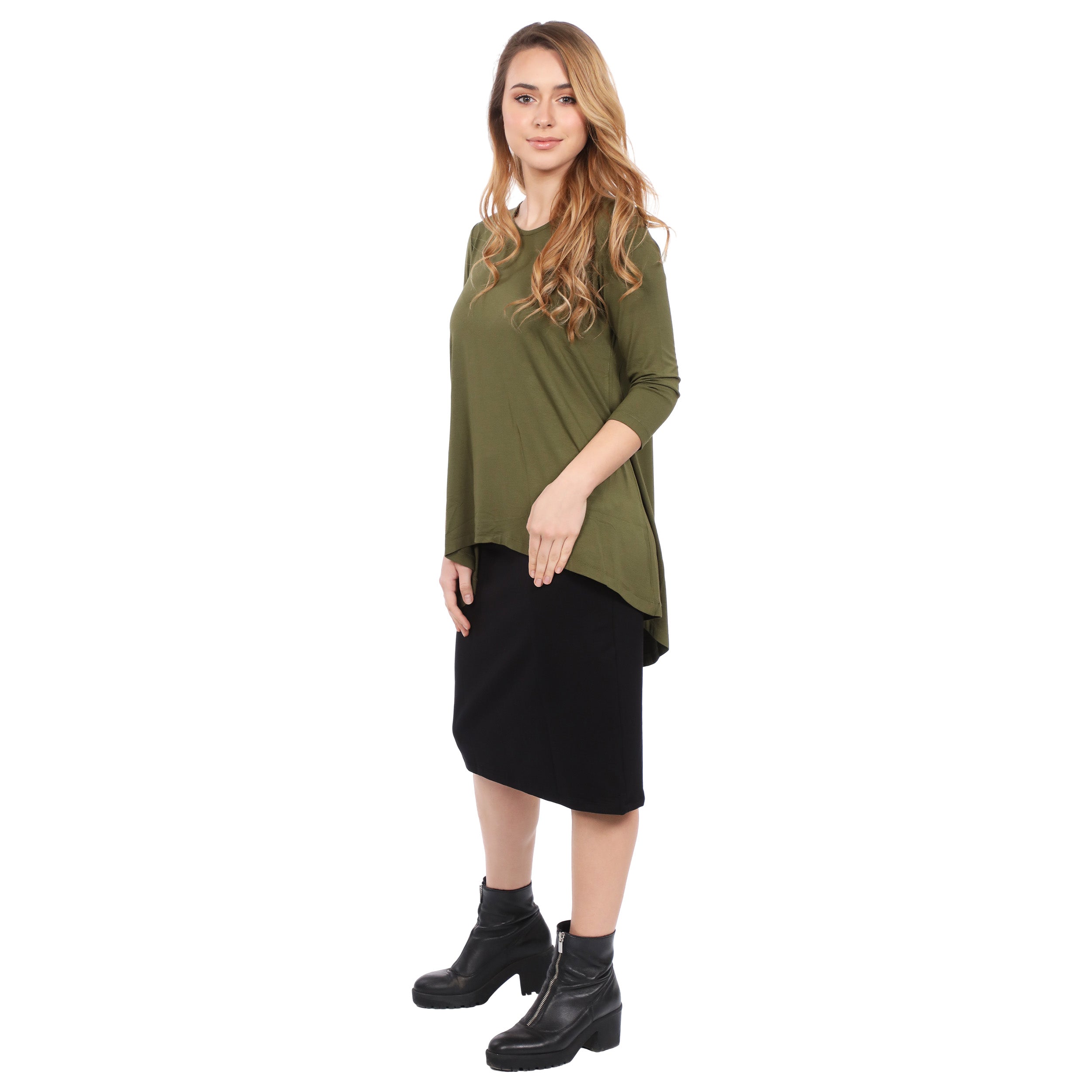 1256 Hi Lo Flowing ¾ Sleeve Modest Tunic Top Walnut Right Side