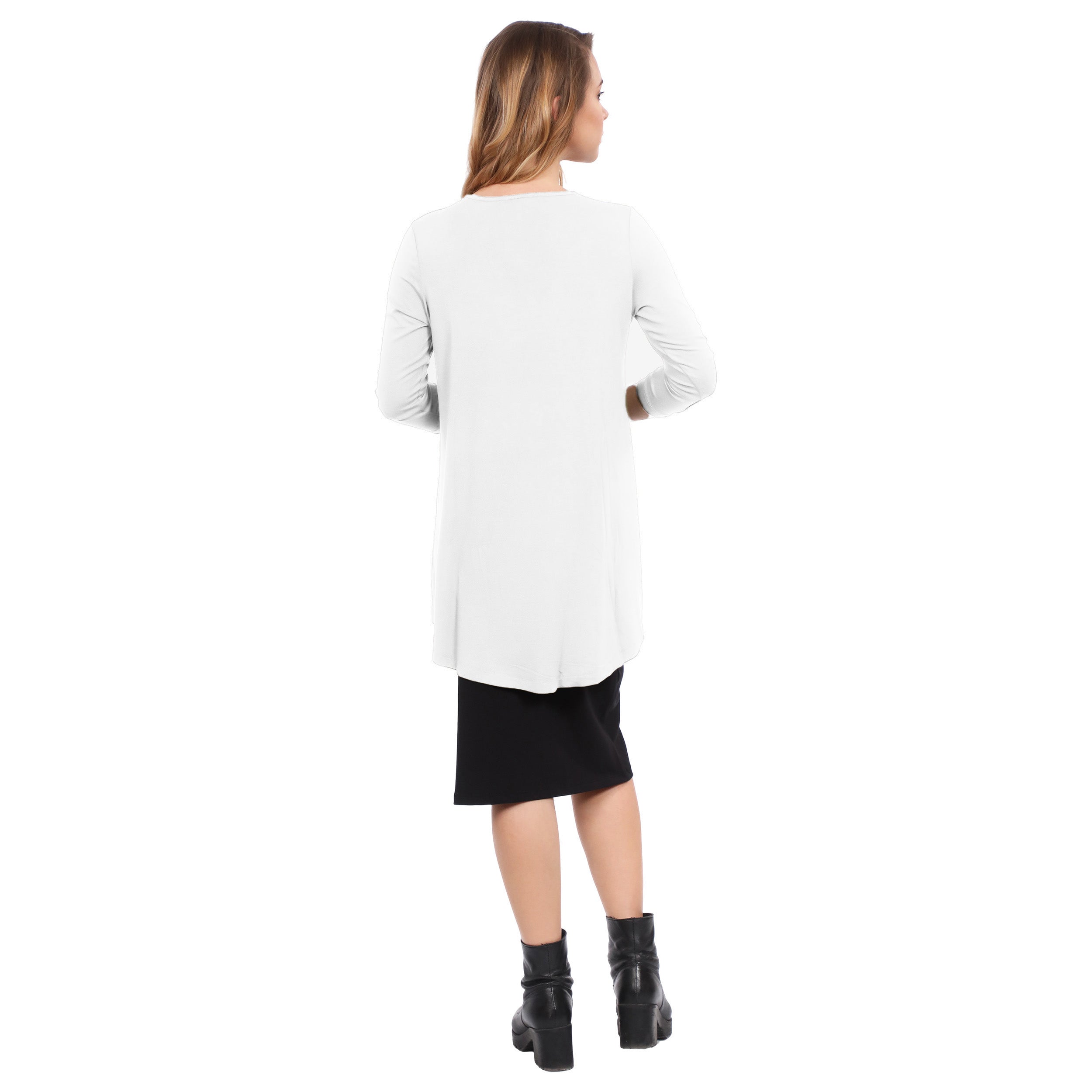 1256 Hi Lo Flowing ¾ Sleeve Modest Tunic Top White Rear View
