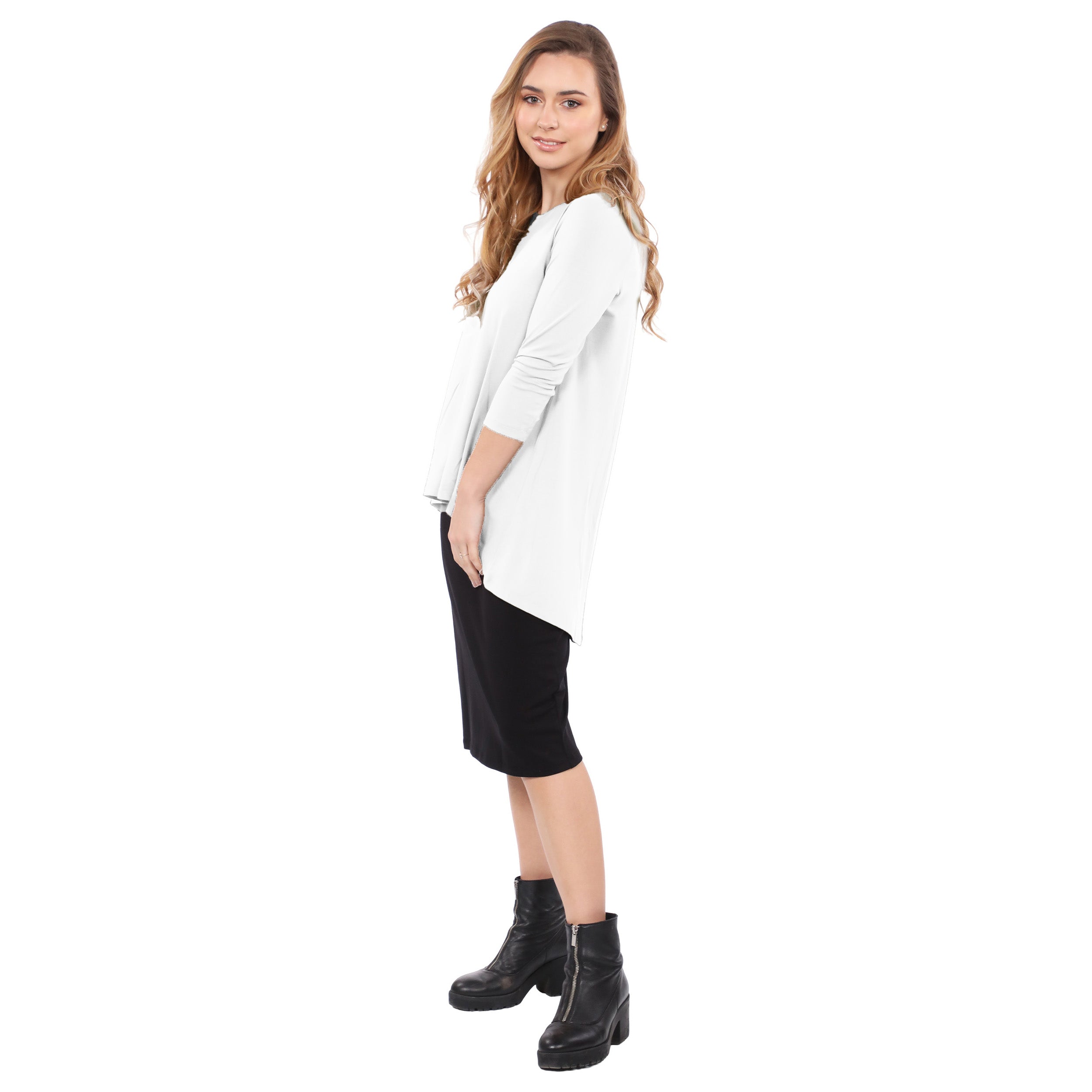 1256 Hi Lo Flowing ¾ Sleeve Modest Tunic Top White Right Side