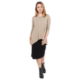 1256 Hi Lo Flowing ¾ Sleeve Modest Tunic Top Beige Full Image Front
