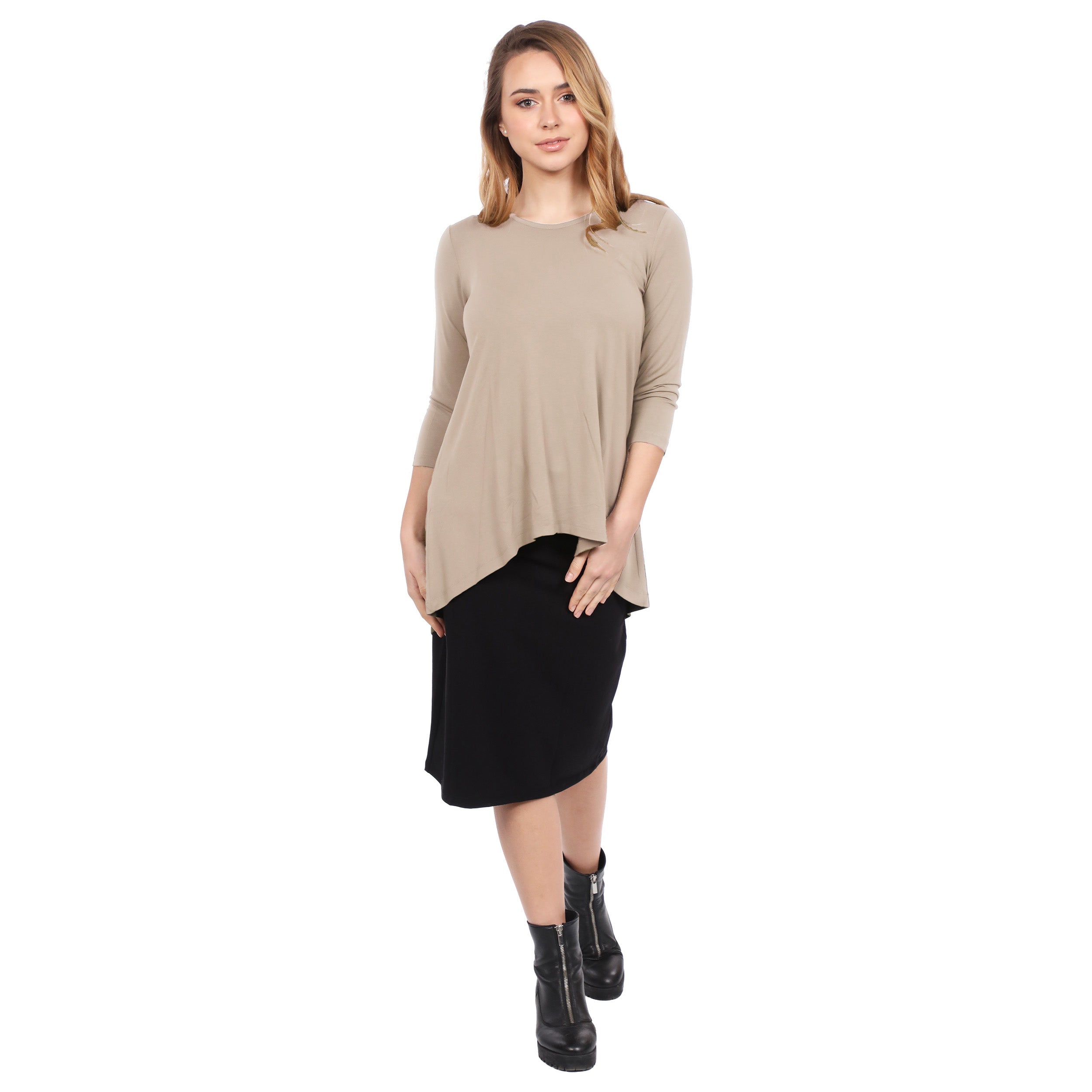 1256 Hi Lo Flowing ¾ Sleeve Modest Tunic Top Beige Full Image Front
