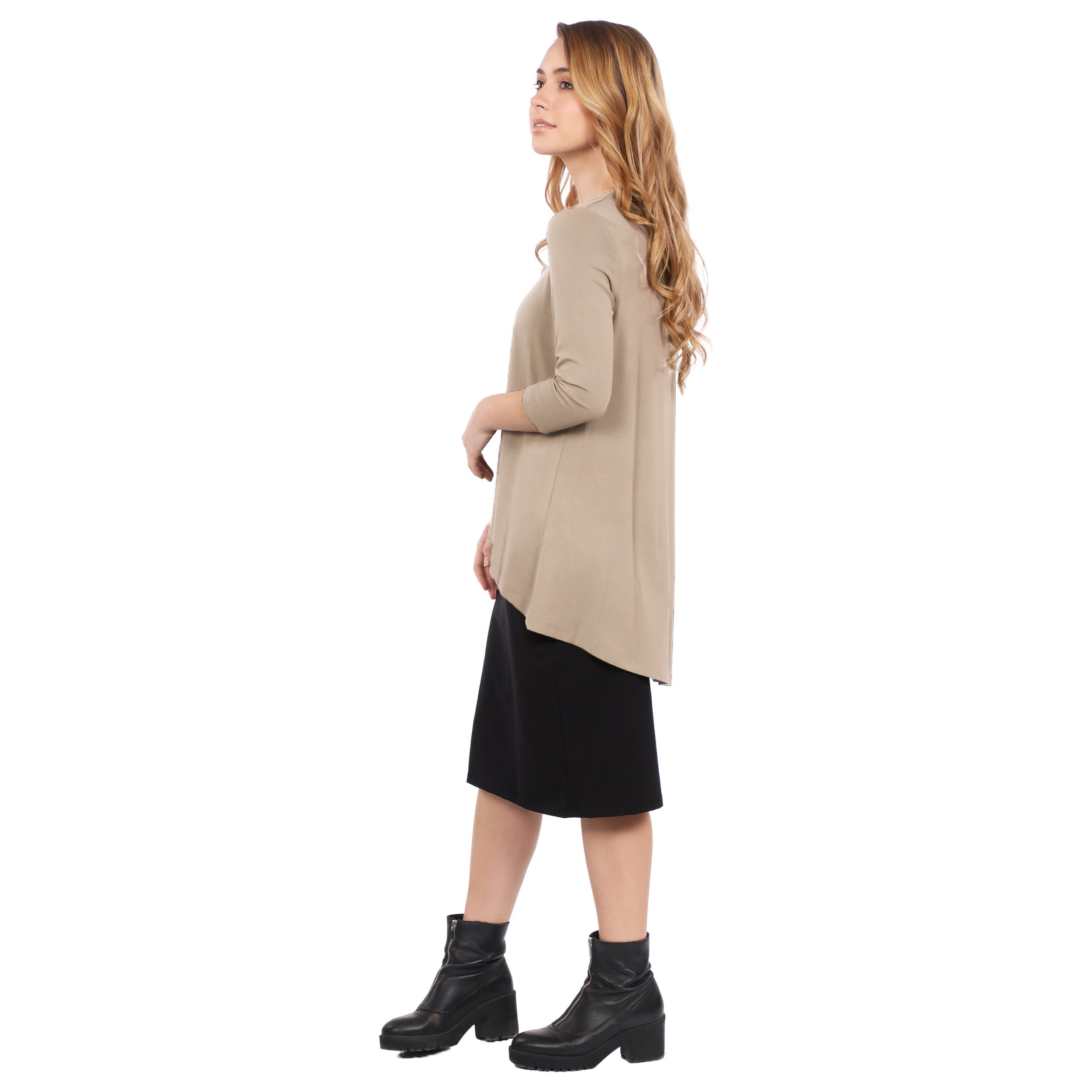 1256 Hi Lo Flowing ¾ Sleeve Modest Tunic Top Beige Left Side