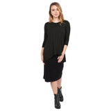 1256 Hi Lo Flowing ¾ Sleeve Modest Tunic Top Black Full Image Front