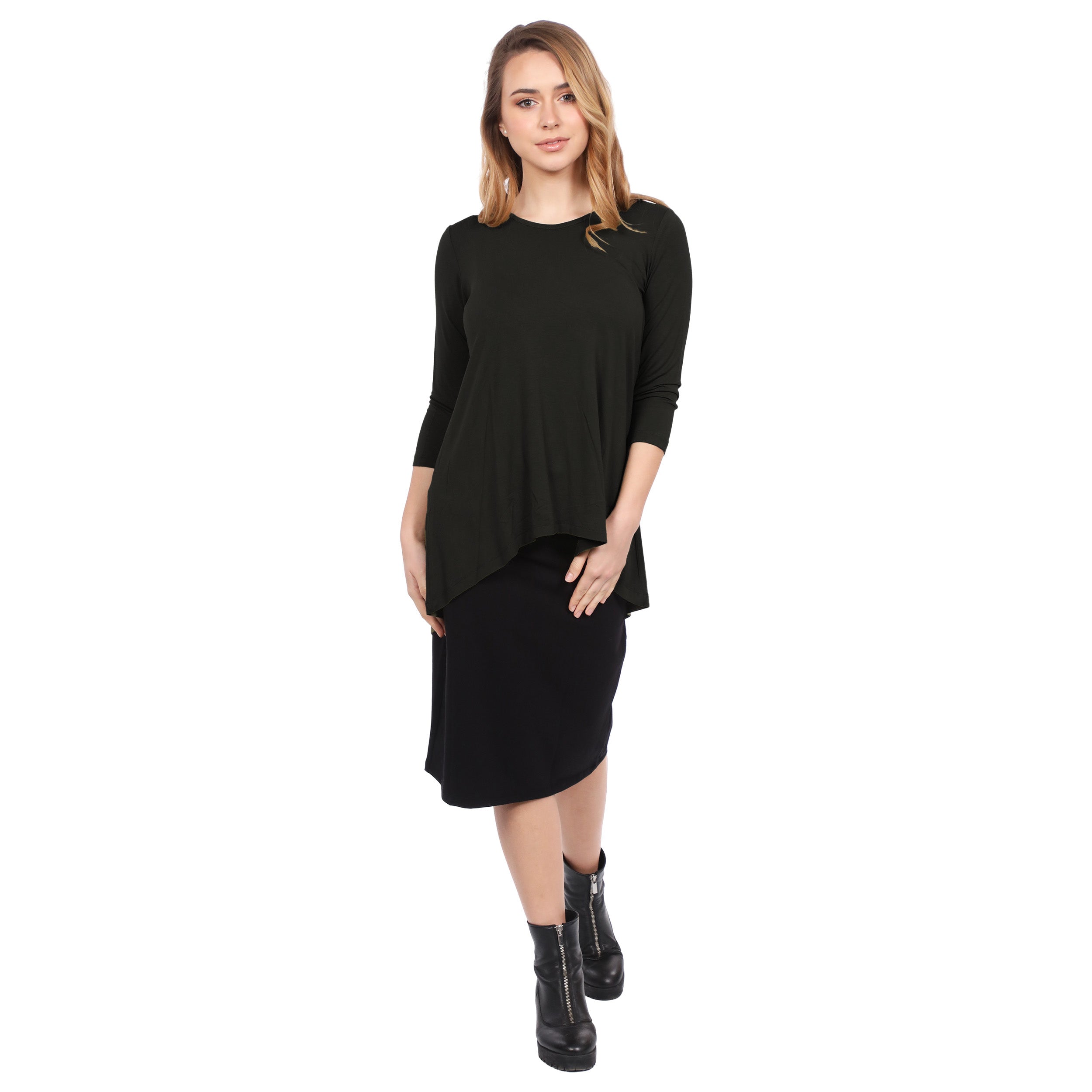 1256 Hi Lo Flowing ¾ Sleeve Modest Tunic Top Black Full Image Front
