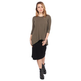 1256 Hi Lo Flowing ¾ Sleeve Modest Tunic Top Walnut Full Image Front