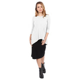 1256 Hi Lo Flowing ¾ Sleeve Modest Tunic Top White Full Image Front