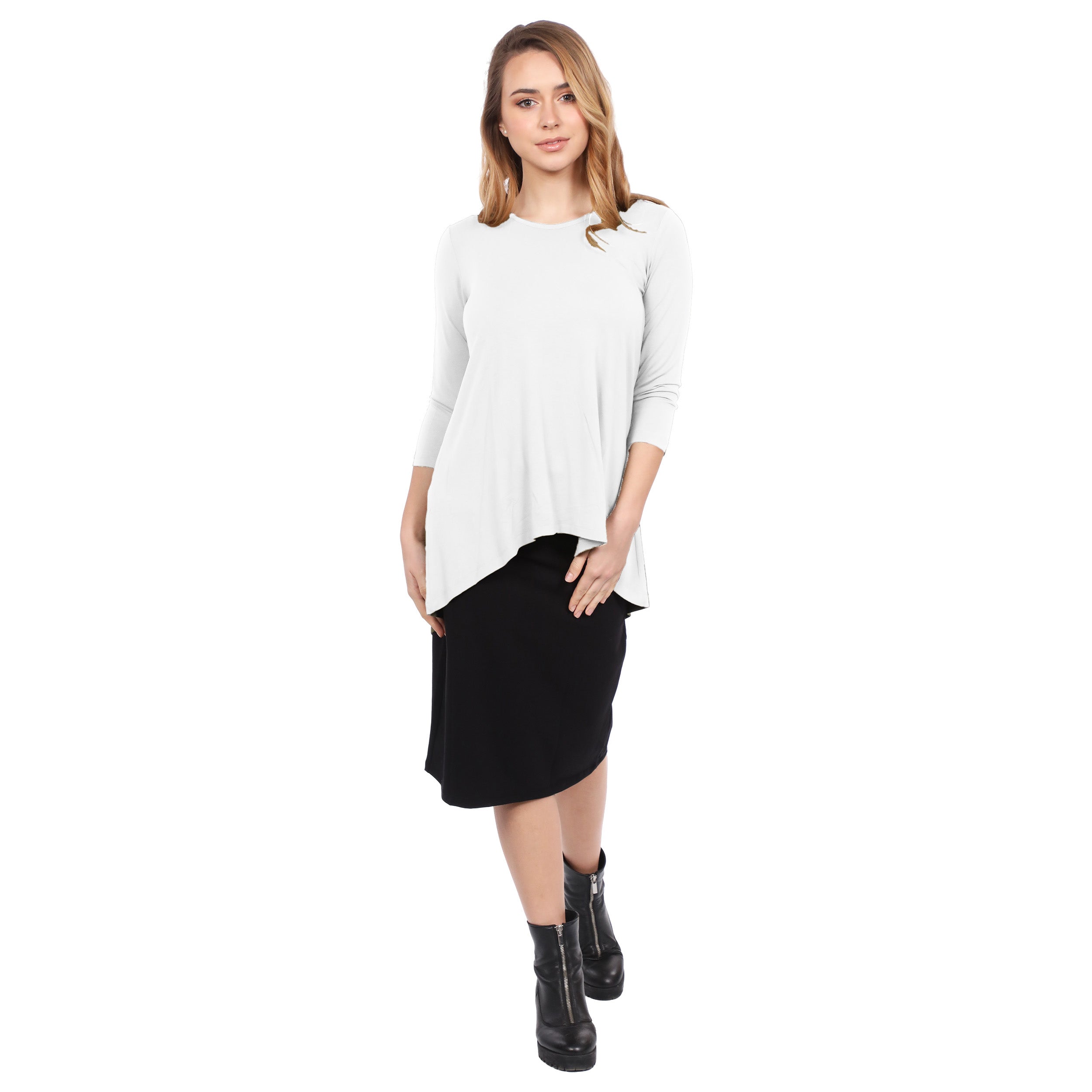 1256 Hi Lo Flowing ¾ Sleeve Modest Tunic Top White Full Image Front