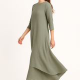 Modest Maxi Dress - Three Quarter Sleeve Soft Cotton Crinkle Fabric Double Layer Design
