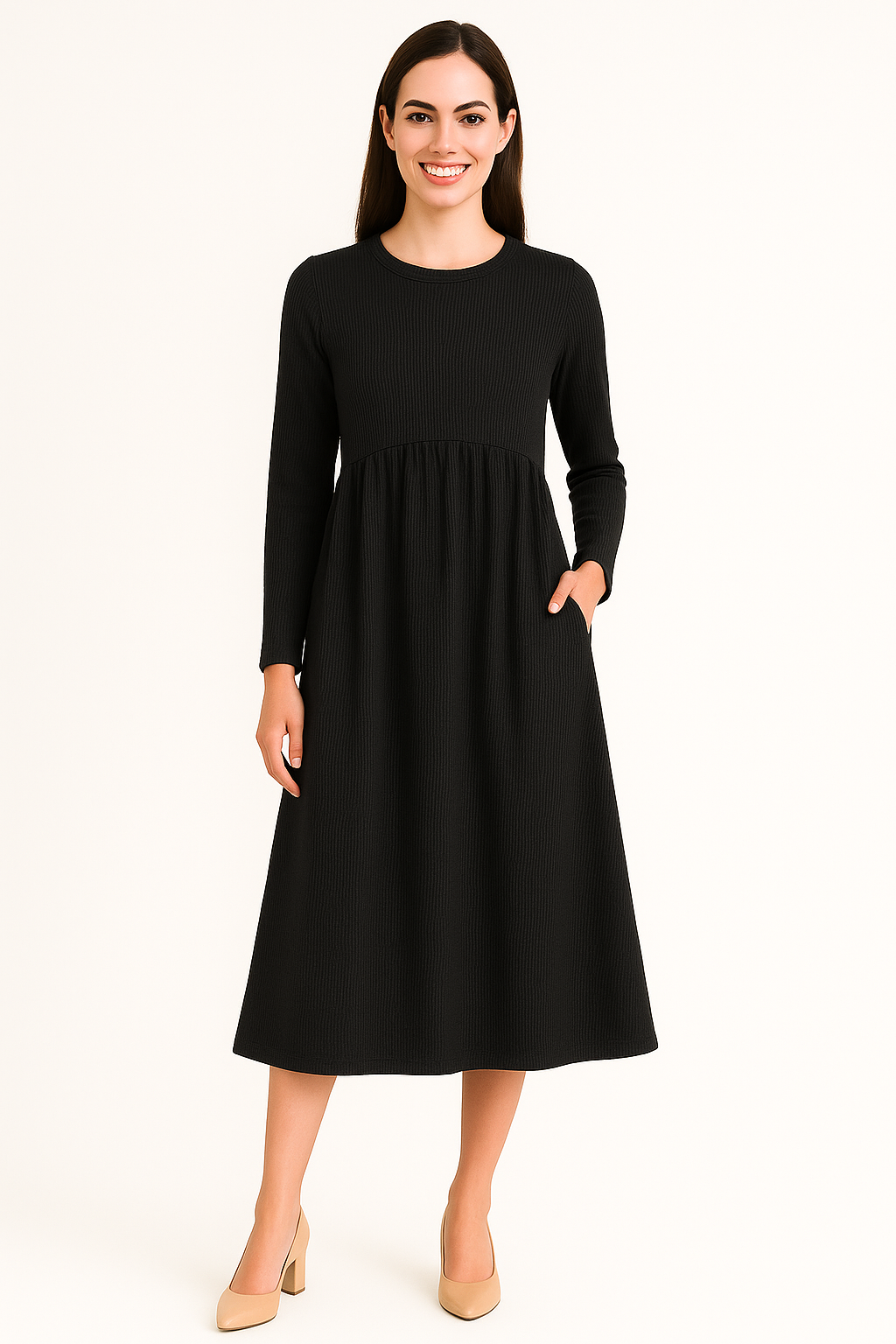 Modest Empire Waist Long Sleeve Dress Waffle Knit with Pockets Slate Grey / X-Large Modest Empire Waist Long Sleeve Dress Waffle Knit with Pockets Slate Grey / X-Large