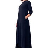 A-line Cotton Ribbed Maxi Dress - Modest Neckline, 3/4 Sleeves and Pockets