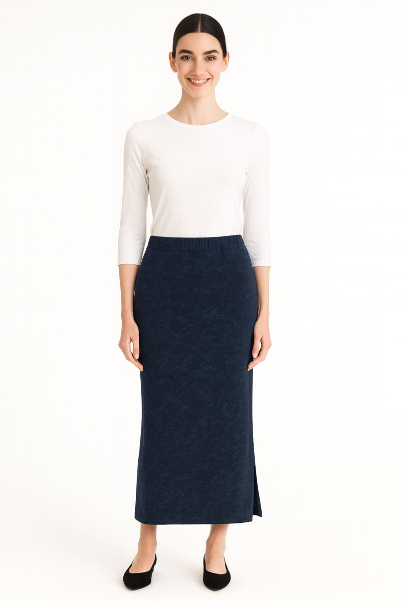 Tapered Maxi Skirt Rib Knit with Side Slits in Muted Tie-Dye Navy Tie-Dye / Large Tapered Maxi Skirt Rib Knit with Side Slits in Muted Tie-Dye Navy Tie-Dye / Large