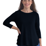 Curved Side Hem Tunic with 3/4 Sleeves and Modest Crew Neckline