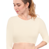 Modest Neck Cropped Layering - Cotton Spandex 3/4 Sleeve Shell Top