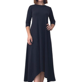A-line Cotton Ribbed Maxi Dress - Modest Neckline, 3/4 Sleeves and Pockets