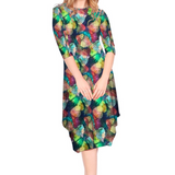 Flowing Midi Dress with 3/4 Sleeves and Dramatic Drape