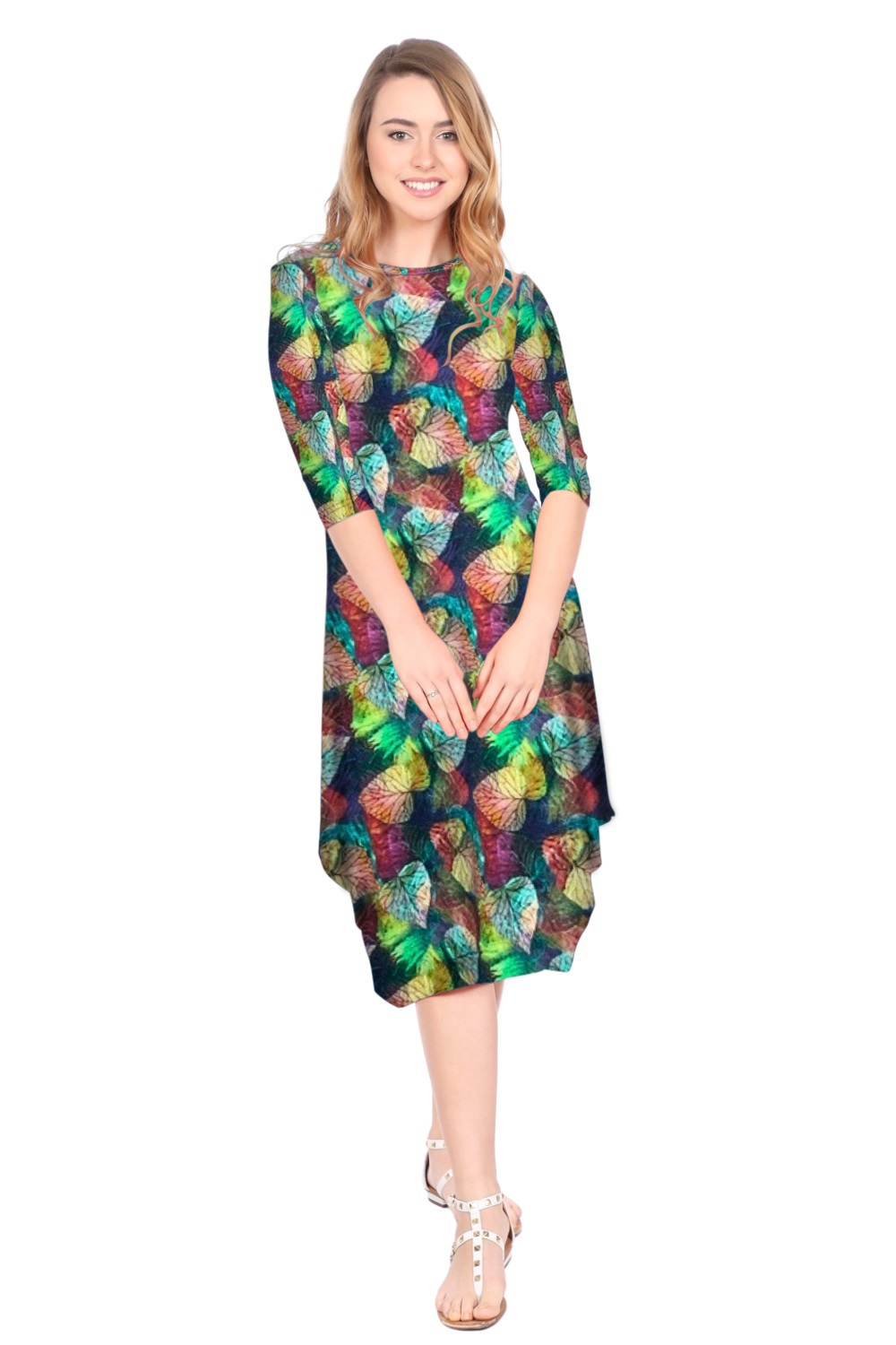 Flowing Midi Dress with 3/4 Sleeves and Dramatic Drape Kosher Casual USA Flowing Midi Dress with 3/4 Sleeves and Dramatic Drape Kosher Casual USA