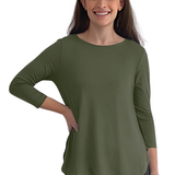 Curved Side Hem Tunic with 3/4 Sleeves and Modest Crew Neckline