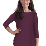 Curved Side Hem Tunic with 3/4 Sleeves and Modest Crew Neckline