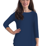 Curved Side Hem Tunic with 3/4 Sleeves and Modest Crew Neckline