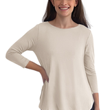 Curved Side Hem Tunic with 3/4 Sleeves and Modest Crew Neckline