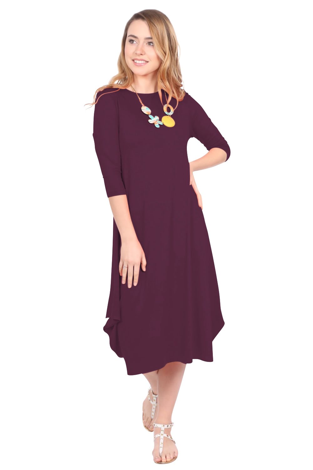 Flowing Midi Dress with 3/4 Sleeves and Dramatic Drape Kosher Casual USA Flowing Midi Dress with 3/4 Sleeves and Dramatic Drape Kosher Casual USA