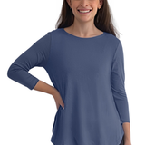 Curved Side Hem Tunic with 3/4 Sleeves and Modest Crew Neckline