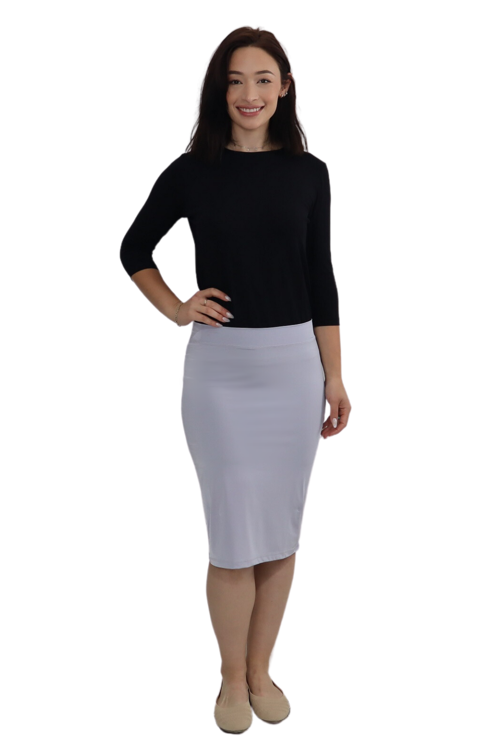 Lightweight Silky Fitted Knee-Length Pencil Skirt in Stretch Nylon Dark Navy / XX-Large Lightweight Silky Fitted Knee-Length Pencil Skirt in Stretch Nylon Dark Navy / XX-Large