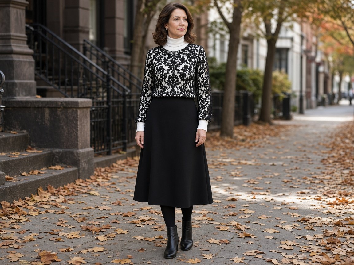 A woman stands on an autumn sidewalk in a black lace blouse layered over a white turtleneck top, with a black mid-calf skirt, black tights and ankle boots.