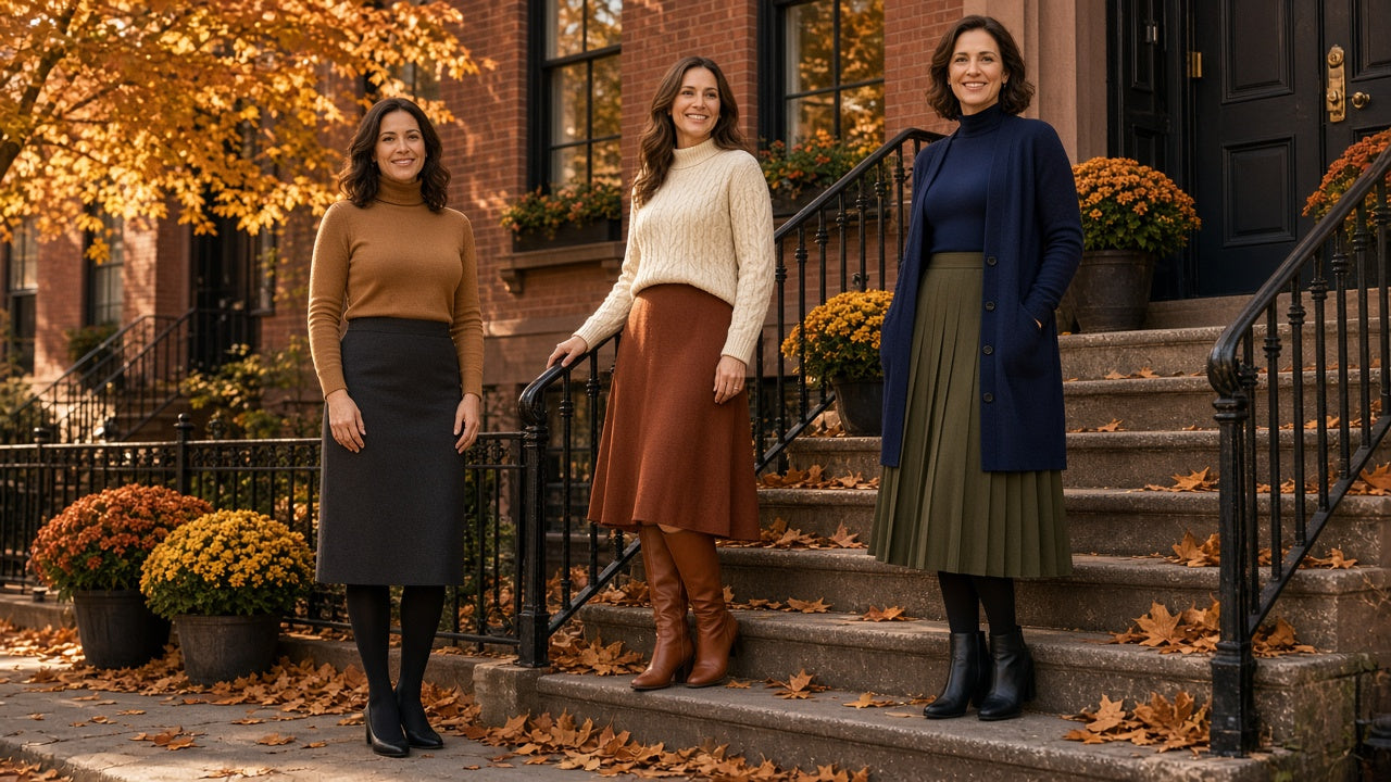 Three women on autumn brownstone steps in modest skirts of different lengths: a below-knee pencil skirt with tights and pumps, a mid-calf A-line skirt with tall boots, and a pleated midi skirt with tights and ankle boots