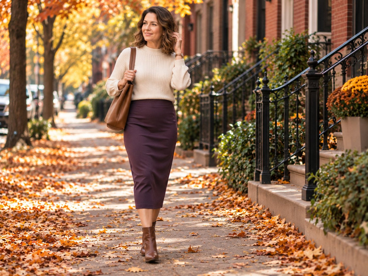 Woman walking down an autumn brownstone street in a plum mid-calf pencil skirt, cream ribbed crew-neck sweater, brown leather tote and ankle boots, a modest fall pencil skirt outfit