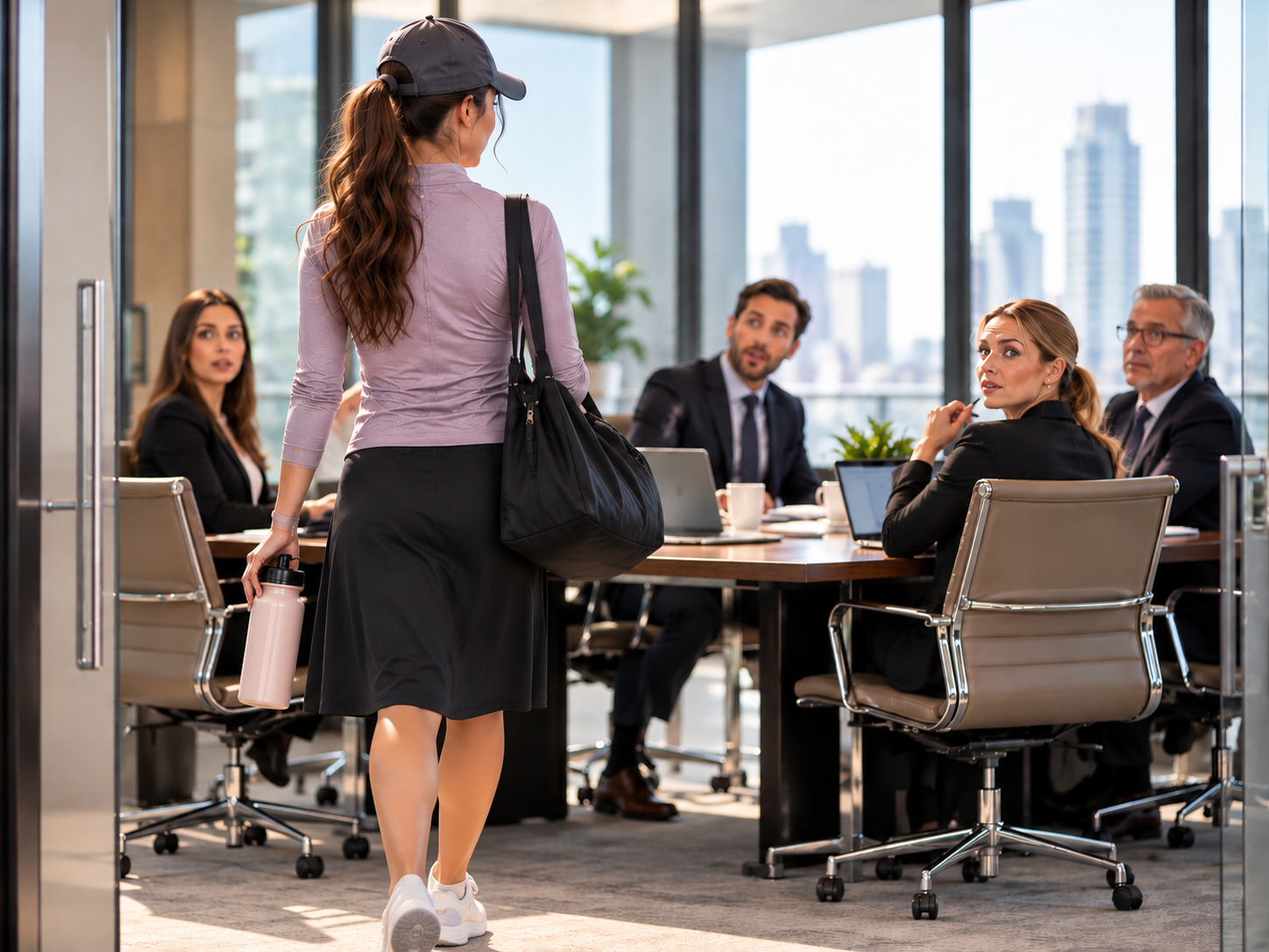 Woman in a modest knee-length athletic skirt, baseball cap and gym bag enters a corporate boardroom
