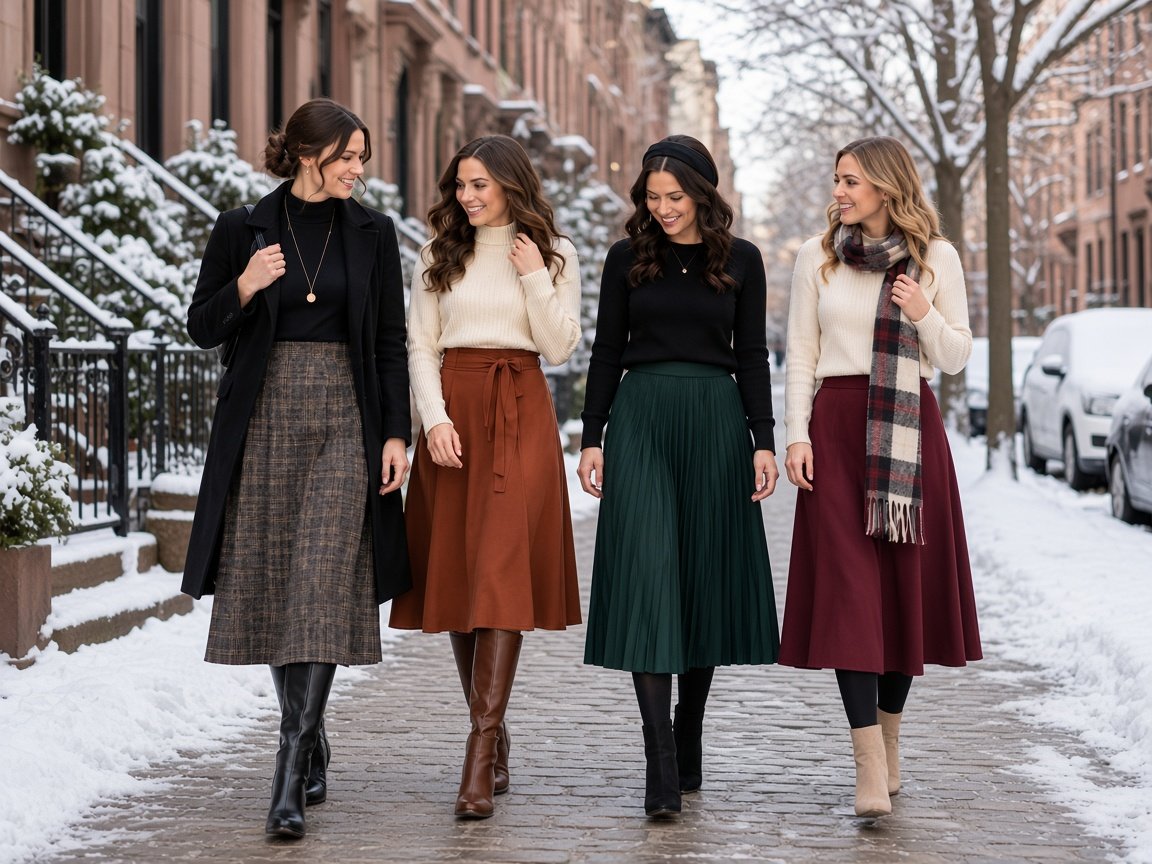 Four women walk along a snowy brownstone street in mid-calf skirts with tall boots or ankle boots over opaque tights, showing different ways to pair winter skirts with boots.