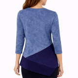 3/4 Sleeve Asymmetric Tunic with Colorblock & Sponged Print