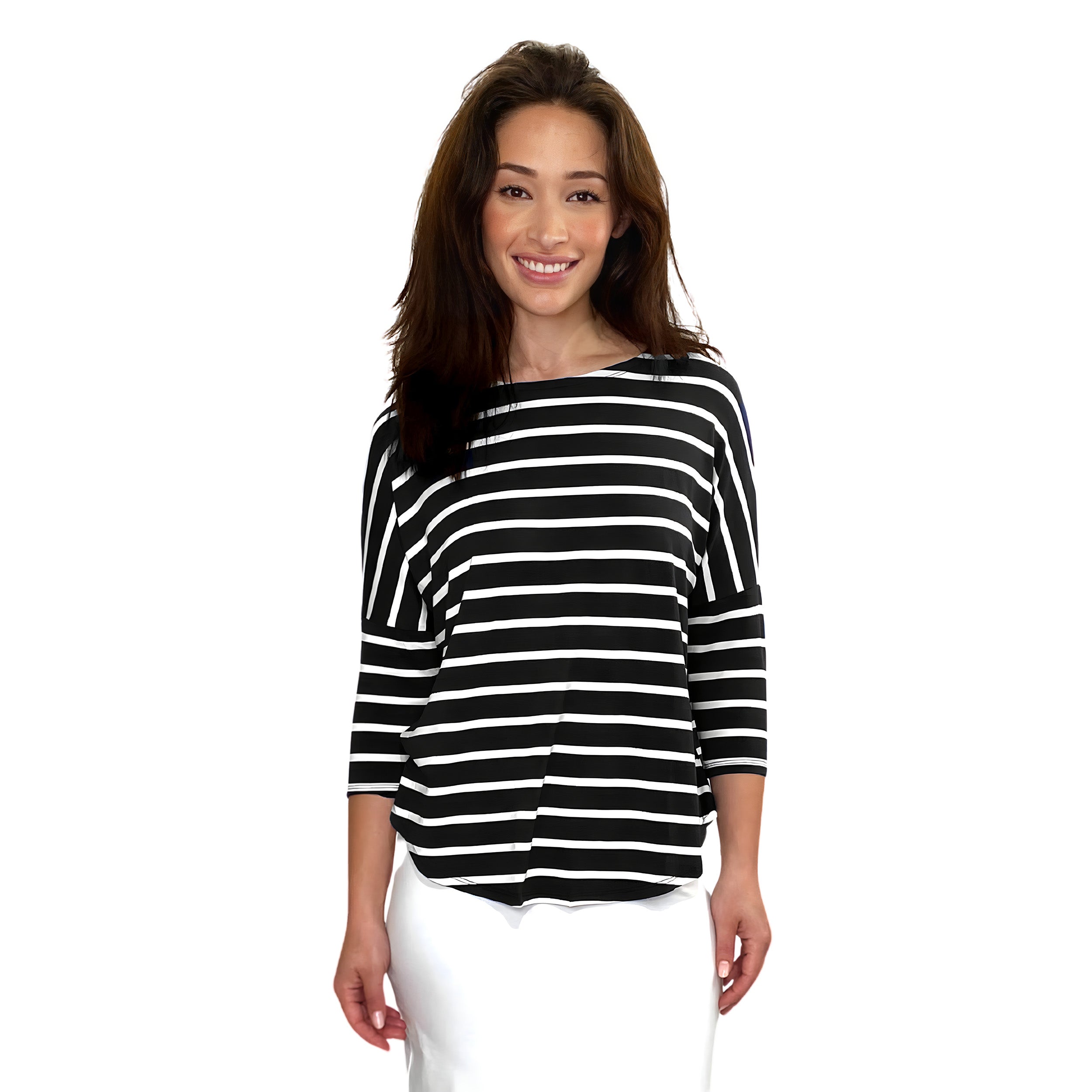 1114 Tunic Top Raglan Sleeve Black White Stripes Zoomed Front