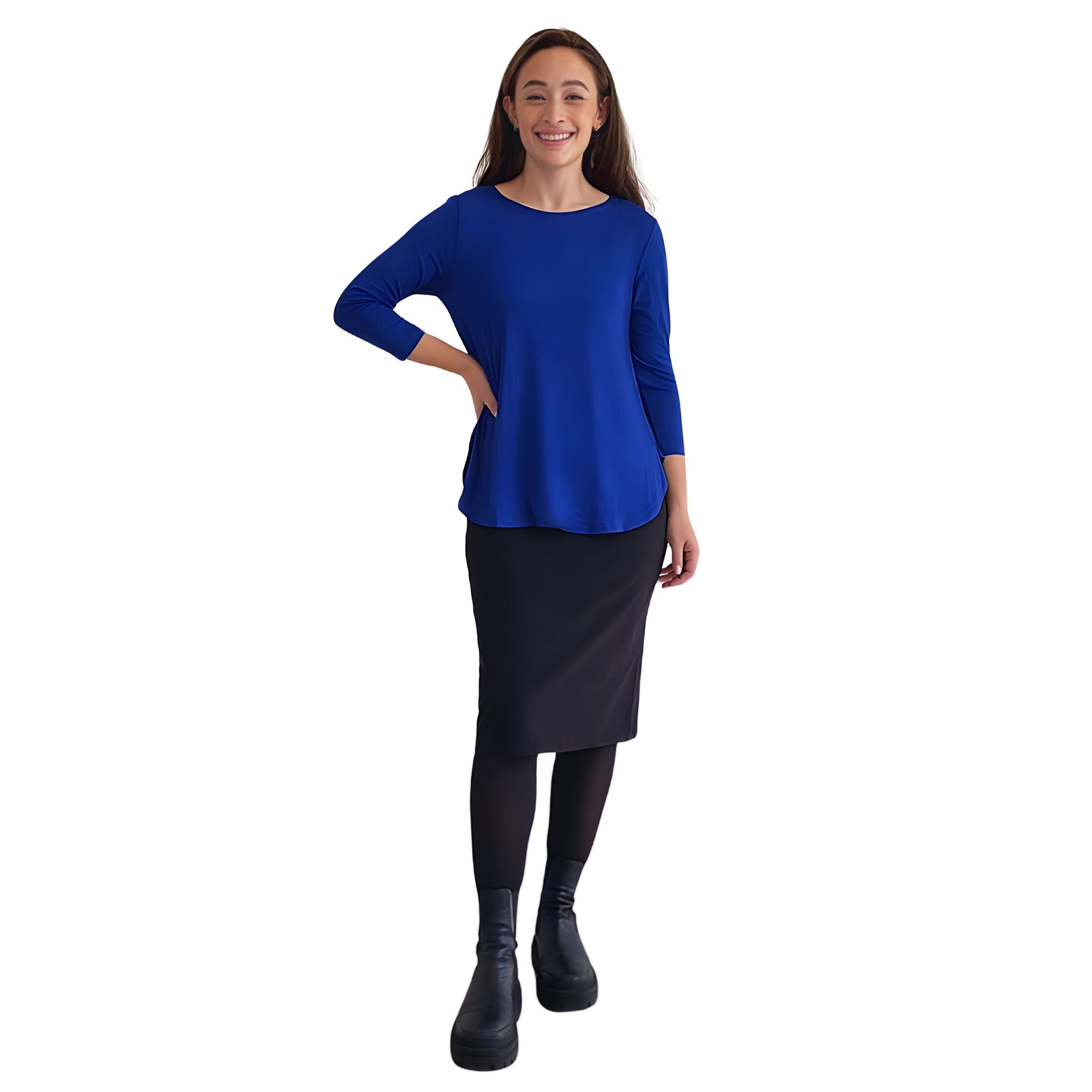 1112 Tunic Top Curved Hemline Cobalt Full Image Front