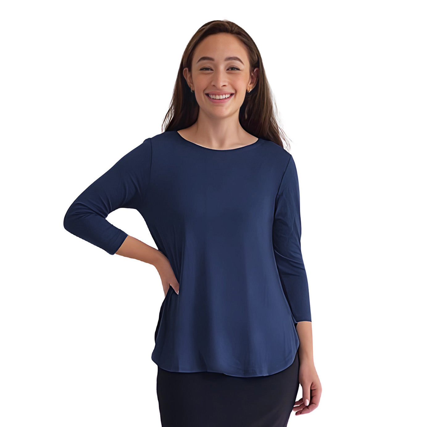 1112 Tunic Top Curved Hemline Navy Zoomed Front