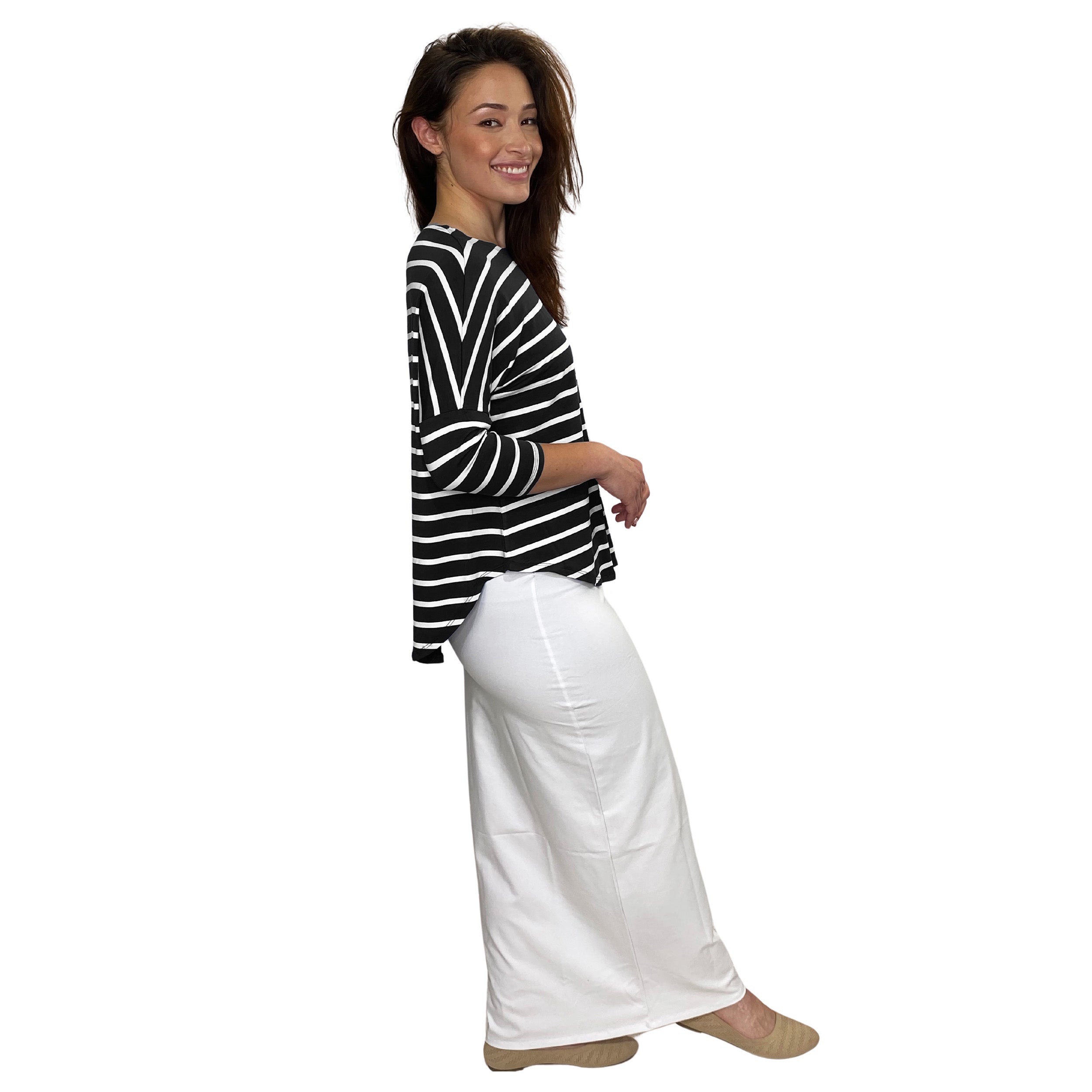 1114 Tunic Top Raglan Sleeve Black White Stripes Full Image Right Side